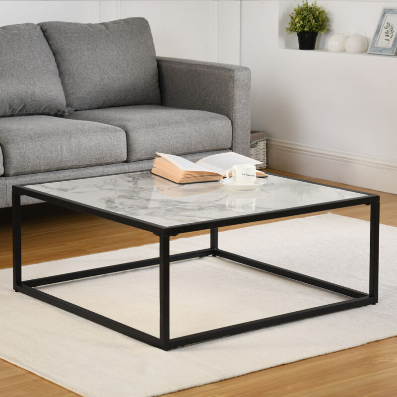 Urban Meuble - Table basse carrée pierre effet marbre blanc structure noir 80x80cm