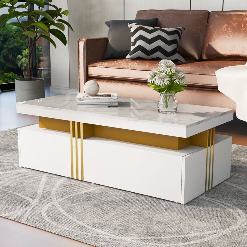 URBAN MEUBLE Table basse rectangulaire effet marbre blanche brillante avec 2 tiroirs 100x50x40 cm