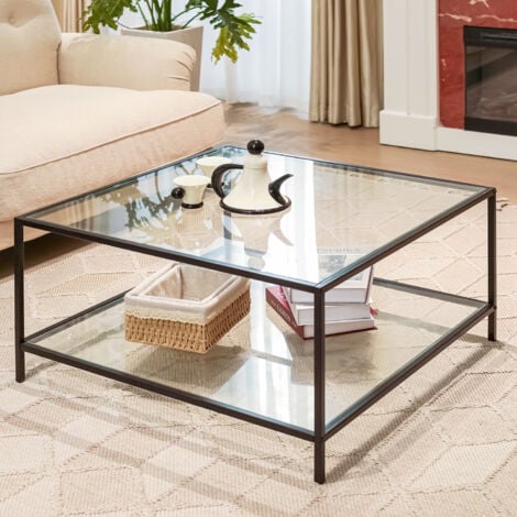 URBAN MEUBLE Table basse salon carré transparent scandinave en verre et en métal noir