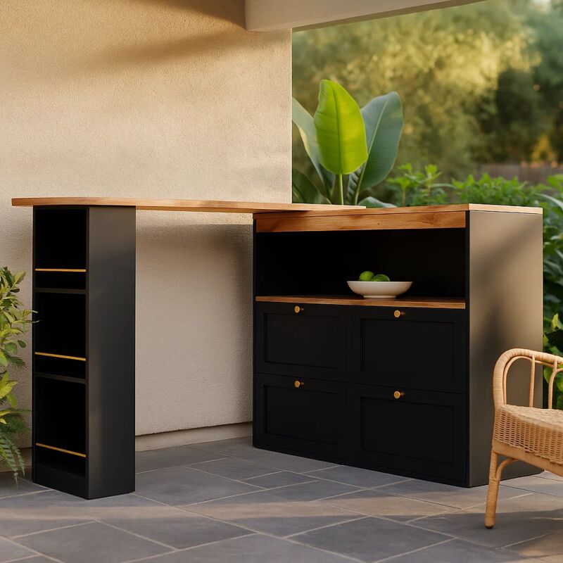 Table de Bar de Jardin Modulable - Noir et Bois Naturel, Pivotante avec Étagères, Tiroirs Dorés et Rangement Optimisé - Urban Meuble