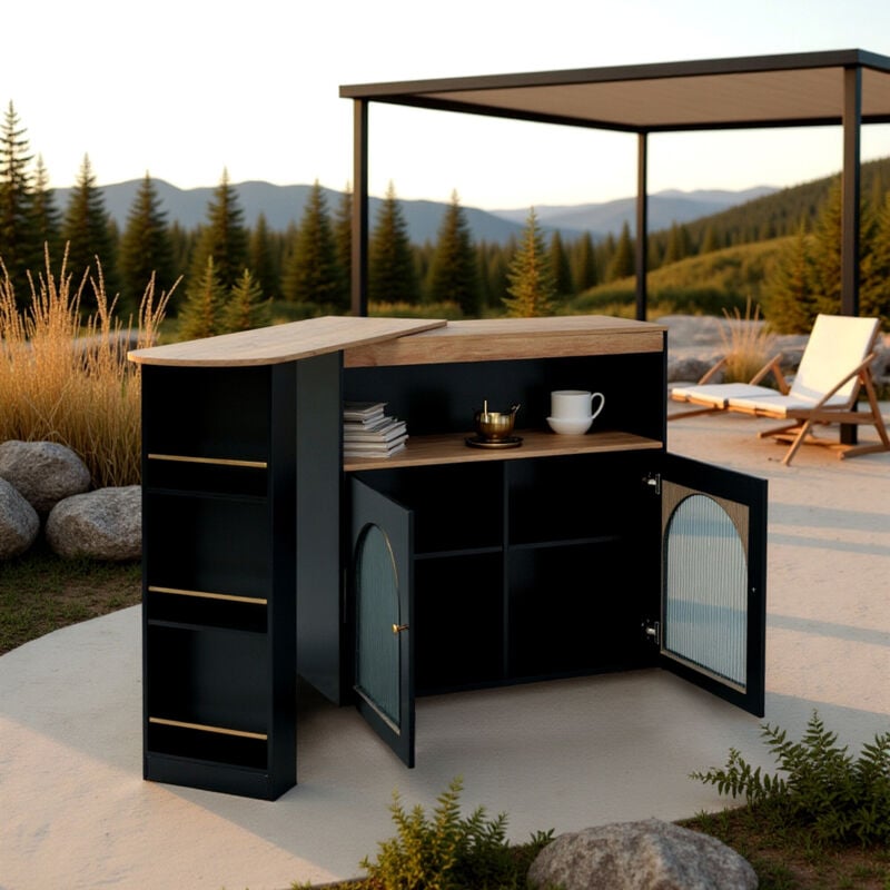 Urban Meuble - Table de bar d'extérieur extensible pivotante noire avec rangement et bandes lumineuses led à couleur réglable