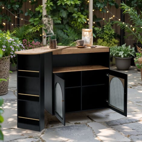 URBAN MEUBLE Table de bar d'extérieur extensible pivotante noire avec rangement et bandes lumineuses LED à couleur réglable