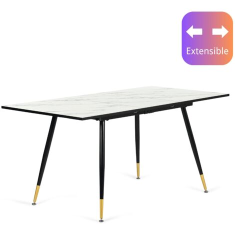 Urban Meuble – Table de salle à manger extensible blanche effet marbre – Pieds dorés – Dimensions 120-160 x 80 x 75 cm – Design scandinave moderne