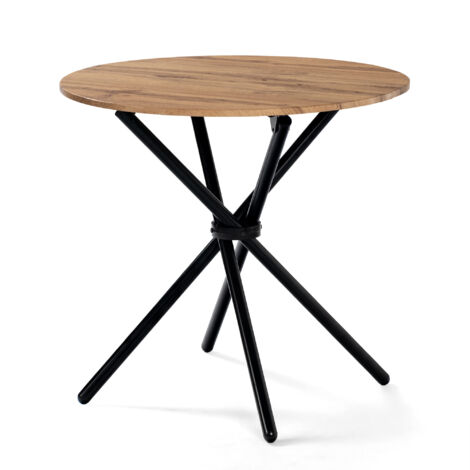 Urban Meuble – Table de salle à manger ronde 80cm – Effet bois naturel – Pieds ronds croisés en métal noir – Pour 4 personnes – Design moderne