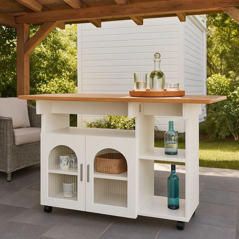 URBAN MEUBLE Tables d'extérieur îlot de cuisine mobile blanc avec plateau pliant et vitrine NUQNOIDS