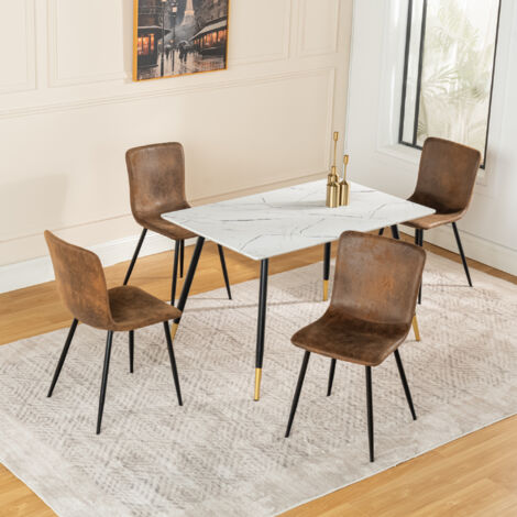 URBAN MEUBLE URBAN MEUBLE Ensemble table blanche effet marbre et 4 chaises scandinaves rétros marrons