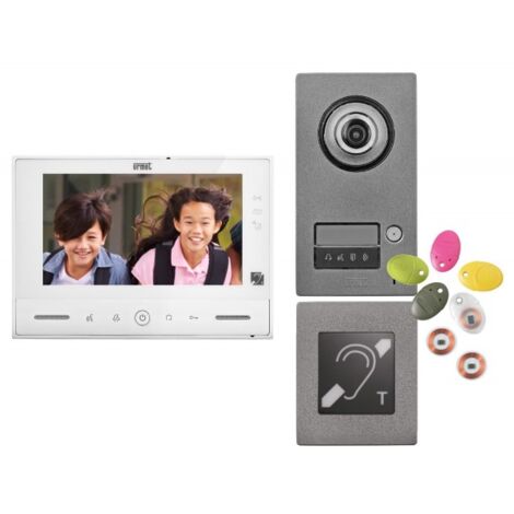 Urmet – Interphone vidéo mains-libres 7'' avec écran tactile – Alimentation 230V – Montage encastré ou saillie – Vidéosurveillance 2 plaques et 4 caméras