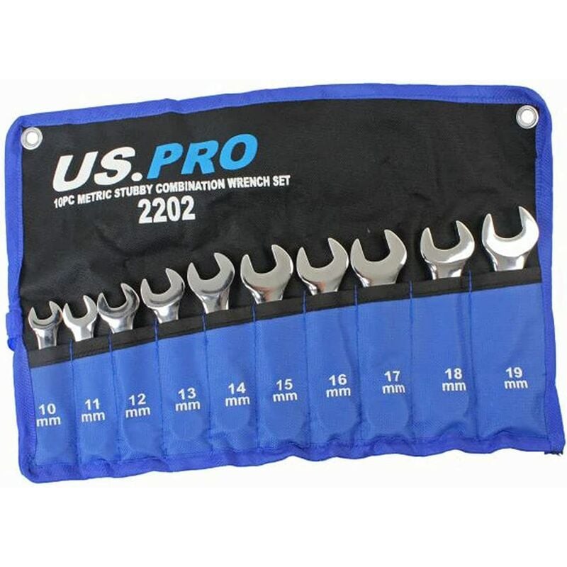 US PRO 10 Piece Stubby Metric Combination Spanner Wrench Set 10mm to 19mm 2202