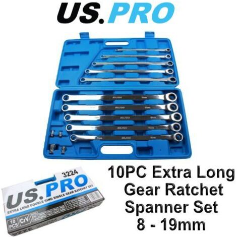US PRO 10pc Extra Long Double Ring Single Gear Ratchet Spanner Wrench Set 8-19mm 3224