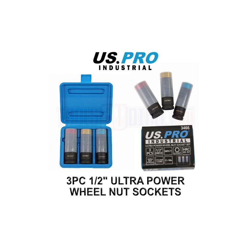Us Pro Industrial - 1/2 dr Alloy Wheel Deep Impact Socket Set 17, 19, 21mm 3466