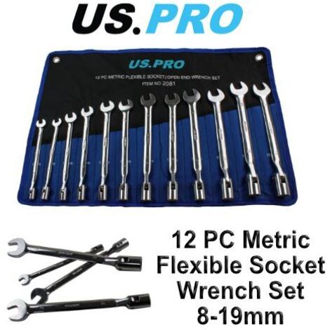 US PRO 12pc Flexi Head Socket / Open End Wrench Spanner Set 8 - 19mm 2081