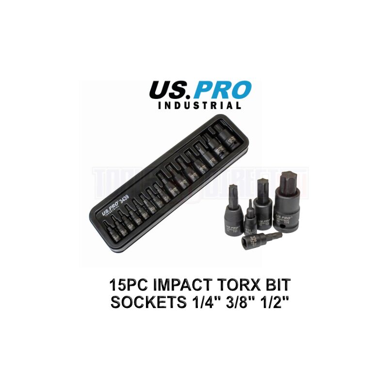 Us Pro Industrial - 15pc Impact Torx Bit Socket Set 1/4,3/8,1/2 Drive T6-T70 3439