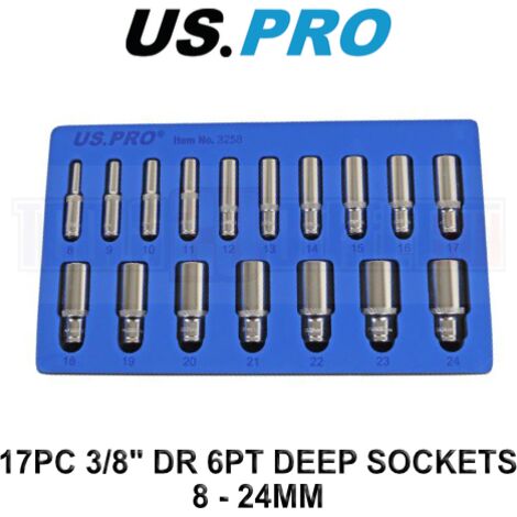 US PRO 17pc 3/8 Dr Metric Deep Socket Set 6 point 8 - 24mm 3258