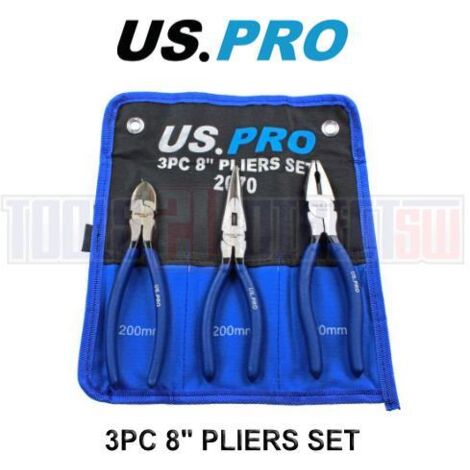 US PRO 8" 200mm 3 Pc Plier Set Side Cutter Long Nose Combination Pliers 2070