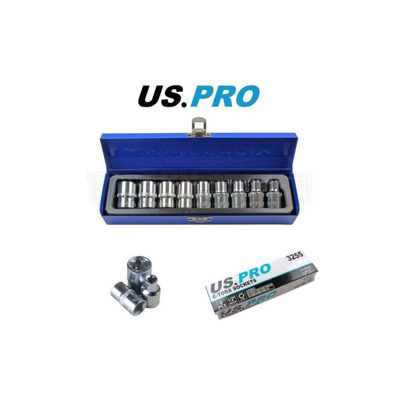 Tools 9pc e Torx Socket Set E10 to E24 1/2 drive female torque star sockets 3255 - Us Pro