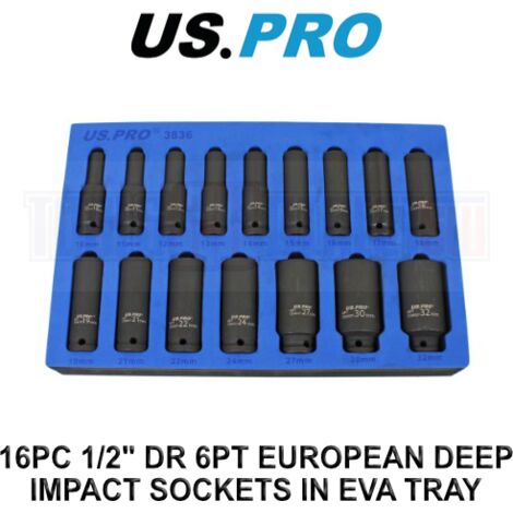 US PRO Deep Impact Socket Set 16PC 1/2"" Drive In EVA Foam 6PT 10 - 32mm 3836
