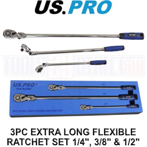 US Pro Flexible Ratchet Set 3pc Extra Long 1/4"" 3/8"" & 1/2"" Drive 4207
