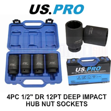 US PRO Hub Nut Deep Impact Socket 30mm 32mm 34mm 36mm 4Pc 1/2"" Socket 12 pt 3686