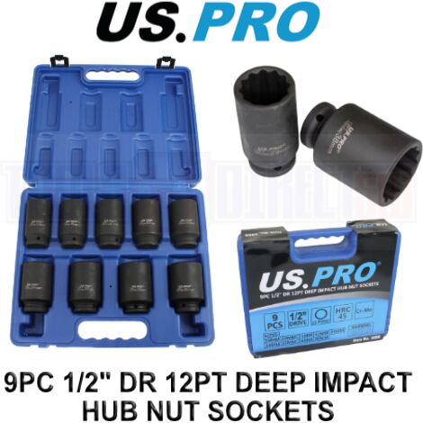 US PRO Hub Nut Deep Impact Socket Set 29mm - 36mm 9Pc 1/2"" Socket 12 Point 3688