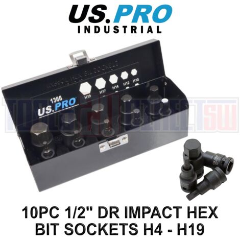 US PRO Impact Hex Bit Socket Set 10pc Allen 1/2"" Drive Sizes 4mm - 19mm 1366