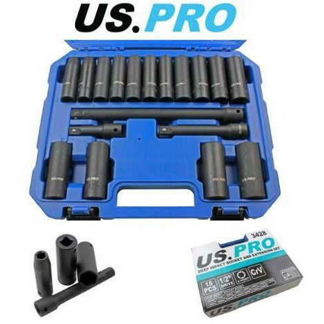 US PRO Impact Sockets 18PC 1/2"" Deep 10 - 24mm And Extension Bar Set 3428