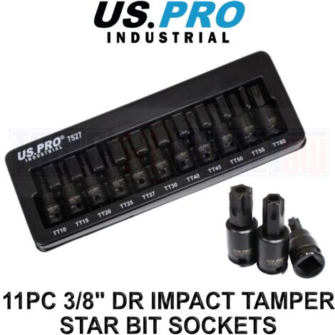 US PRO Impact Torx Star Bit Socket Set Tamper 11pc 3/8"" Set T10 - T60 7527
