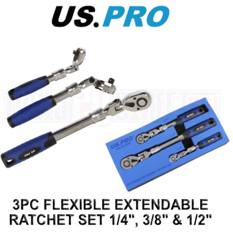 US PRO RATCHET SET 3PC REVERSIBLE FLEXIBLE HEAD TELESCOPIC 1/4"" 1/2"" 3/8"" 4206