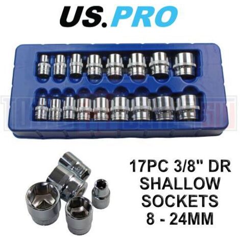 US PRO Shallow Socket Set 17pc 3/8"" Drive Socket 6 Point 8-24mm 1376