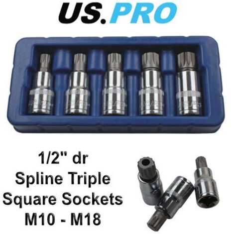 US PRO Spline Sockets 5pc 1/2"" Drive Triple Square Bit M10 - M18 Eva Tray 3973