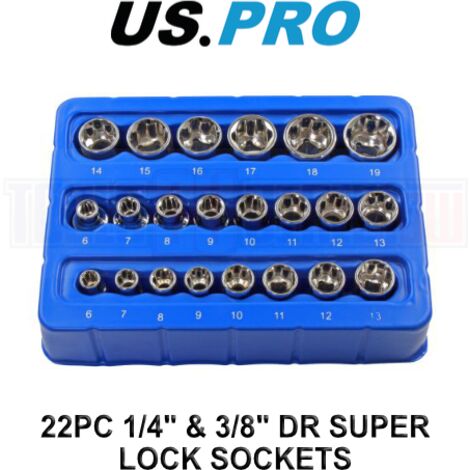 US PRO Super-Lock Shallow Socket Set 22pc 1/4" 6-13mm & 3/8" 6-19mm 1398