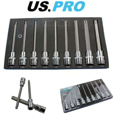 US PRO Tools 1/2" Dr 9 Piece 140mm Long Torx Star Bit Sockets Set T27 - T70 Inc T47 3304