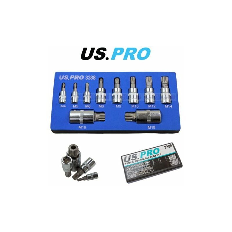 Tools 10pc Triple Square Spline Bit Sockets In Foam Tray 3388 - Us Pro