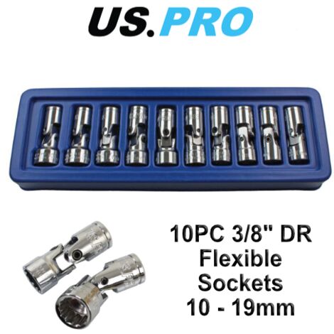 US PRO Tools 10pc 3/8dr Flexi Flexible Universal Sockets Set Metric 1693