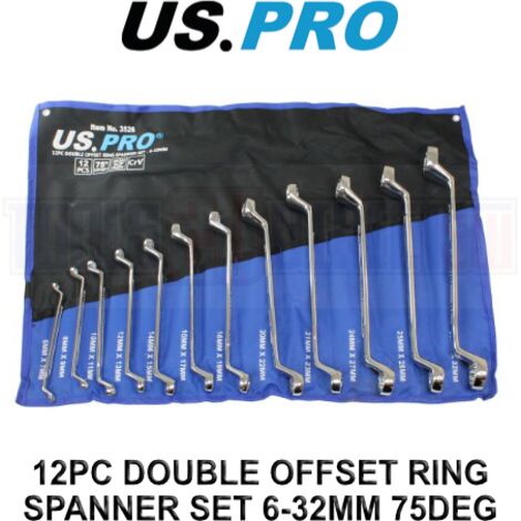 US PRO Tools 12 Piece Double Offset Ring Spanner Set 6 - 32mm 75DEG 3526
