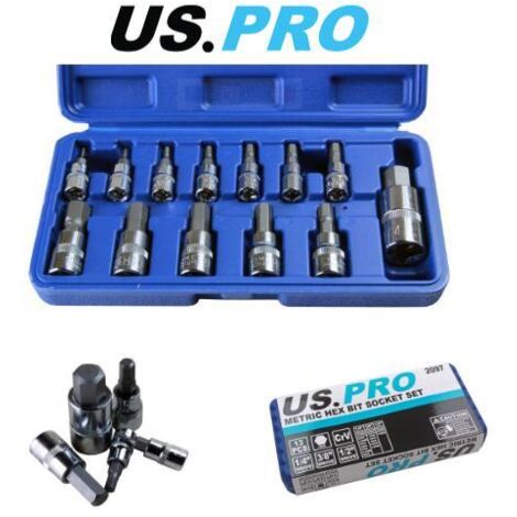 US PRO Tools 13pc 1/4" 1/2" 3/8" Dr Drive Metric Hex Bit Socket Set 2097