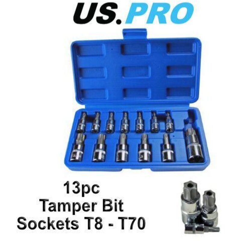 US PRO 13pc Torx Star Bit Socket Set - Tamper Bit Sockets T8 - T70 1497