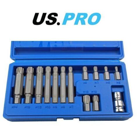 US PRO Tools 14pc 1/2" DR Ribe Socket Bit Set M5 - M14 With Adapter 2238