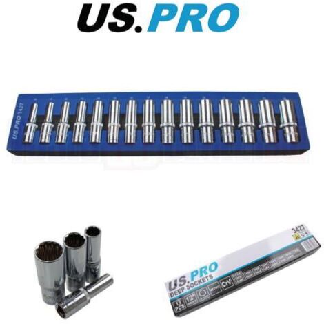 US PRO Tools 15pc 1/2'' Dr 12 Point Deep Sockets In Foam Tray 10 - 24mm 3427