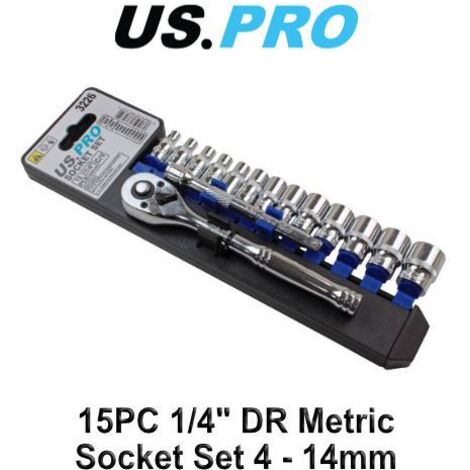 US PRO Tools 15pc 1/4"dr Metric Socket Wrench set 4 - 14mm 3226