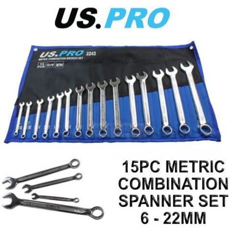 US PRO Tools 15PC Metric Combination Spanner Set 6 - 22MM 2243