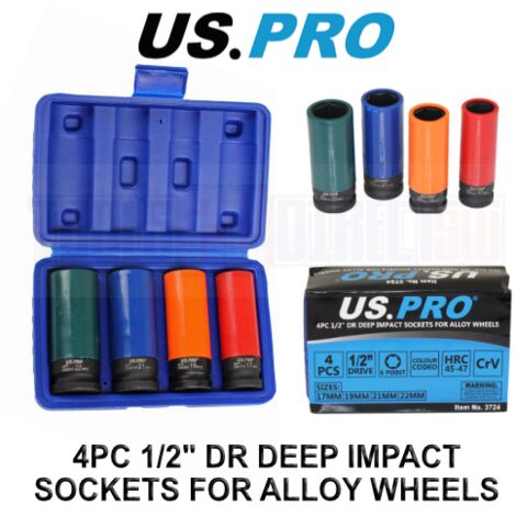 US PRO Tools 4pc 1/2" Dr Deep Impact Sockets For Alloy Wheels 17, 19, 21, 22mm 3724