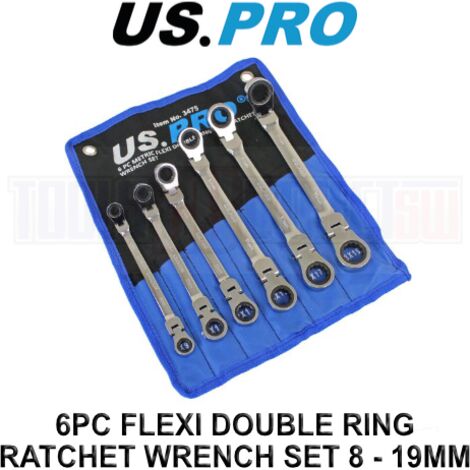 US PRO Tools 6pc Metric Flexi Double Ring Gear Ratchet Spanner Wrench Set 8-19mm 3475