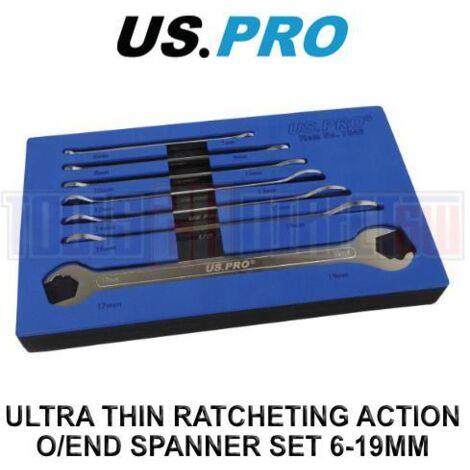 US PRO Tools 7pc Ultra Thin Ratcheting Action Open ended Spanner Set 6-19mm 7546