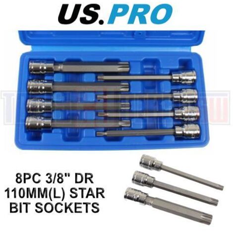 Us Pro Torx Bit Socket Set Spline Long 8pc 3/8"" Star T25 - T60 110MM 3303