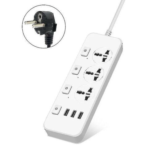 Us/uk/eu Power Strip 5v2.1a Surge Protector With 3 Outlets & 3 Usb Ports