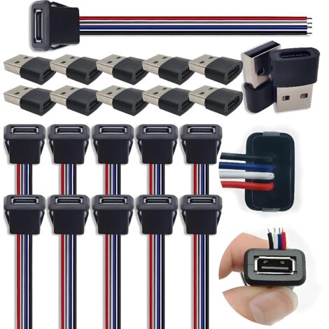 USB-2.0-Einbaubuchse mit 4-adrigem Anschlusskabel, OTG-Adapter (10 Stück), Gehäusestecker und 22AWG-Draht. Datenübertragung und Laden für DIY-Projekte.