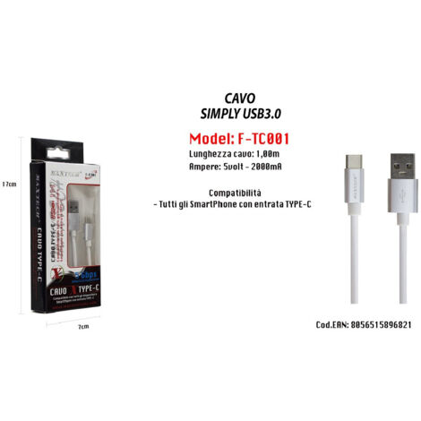 Usb 3.0 Ricarica Simply Usb 3.0 Da 1mt Cellular 5v-2000ma Maxtech F-tc001