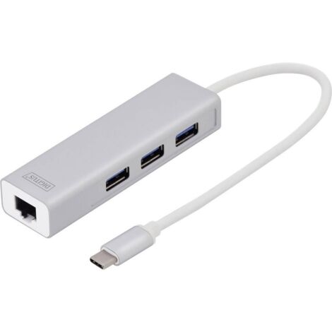 USB 3.2 Gen 1 Multiport-Hub, USB-C Stecker  3x USB-A Buchse + RJ-45 Buchse, USB-Hub Verwendung:  Nachrüsten von einem RJ-45  et 3 USB-A Anschlüssen