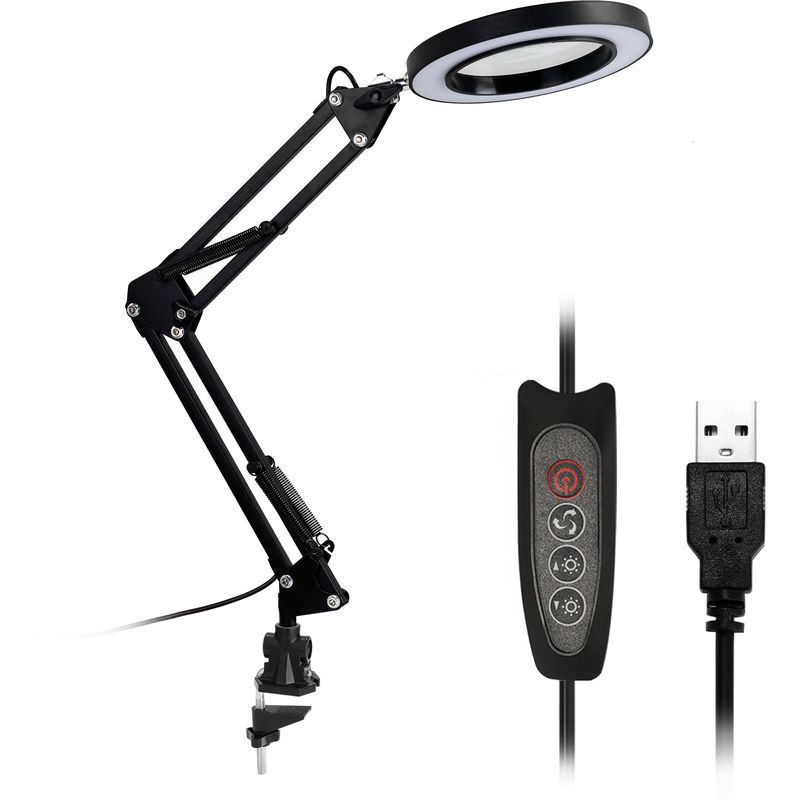 

USB 5X Lupa de lectura lampara de escritorio plegable Lupa de luz LED de la lampara con tres modos de atenuacion, Negro, C-clamp