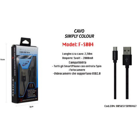 Usb Android 5pin 2.50 Mt 5v-2100ma Pour Smartphone Maxtech F-s004 Nero